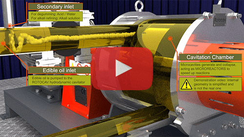 Video animation of the ROTOCAV hydrodynamic cavitator for edible oils refining - Degumming, neutralization, bleaching